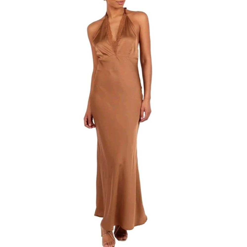 Sz L - Petal & Pup Brown Kalina Lace Trim Halter Satin Maxi Dress